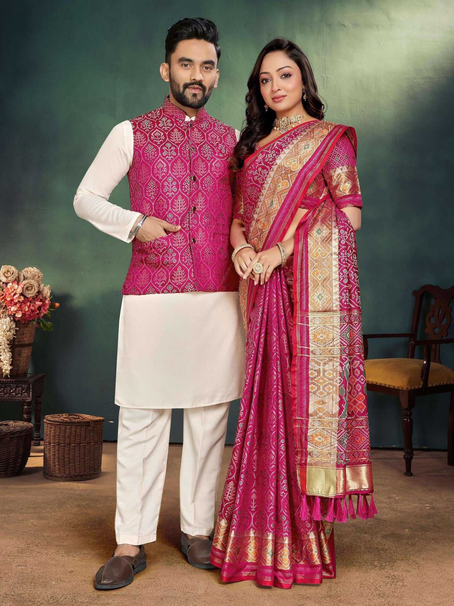 Mens Kurti Set with Dhoti & Ladies Saree - COMBO