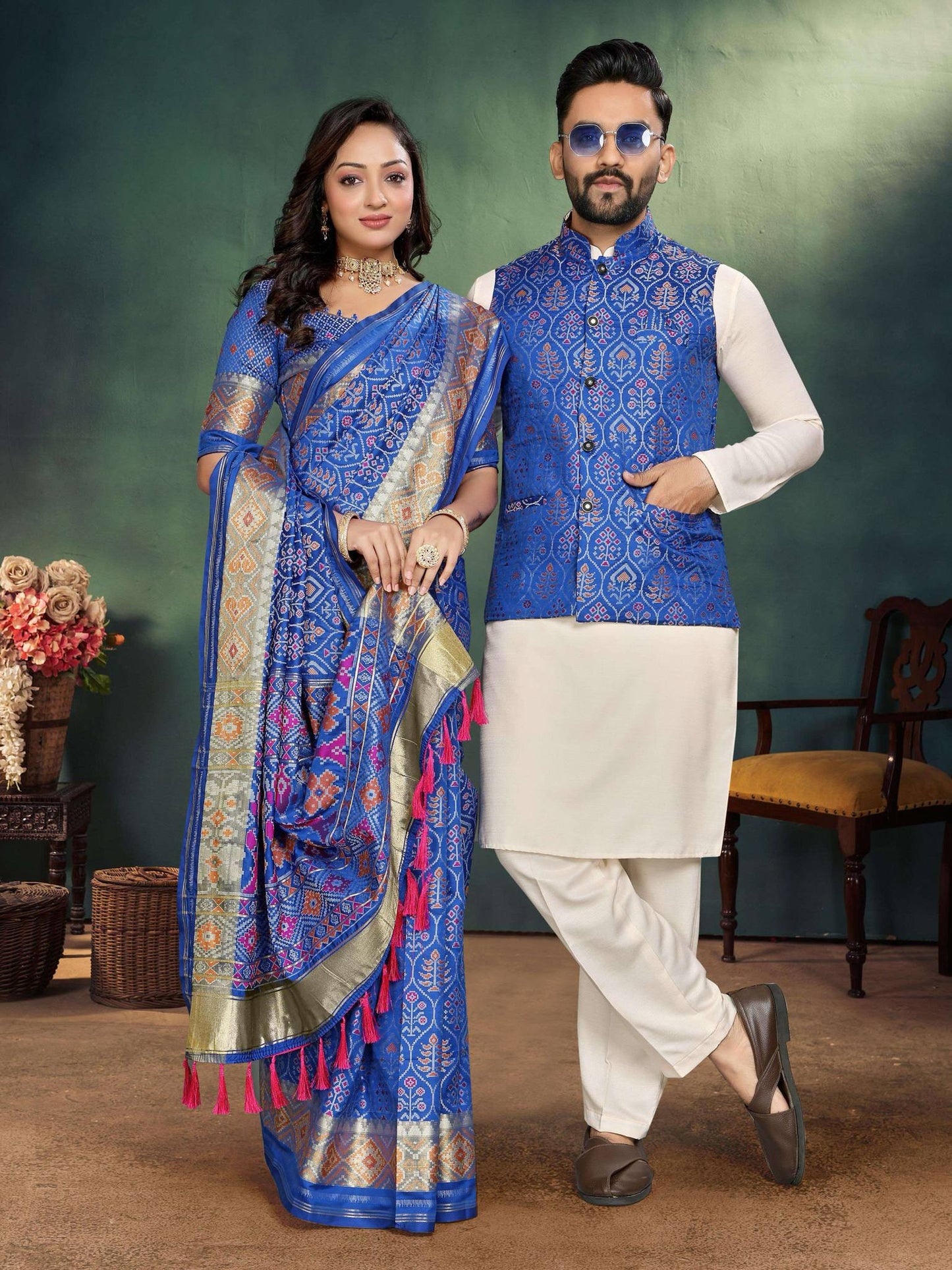Mens Kurti Set with Dhoti & Ladies Saree - COMBO