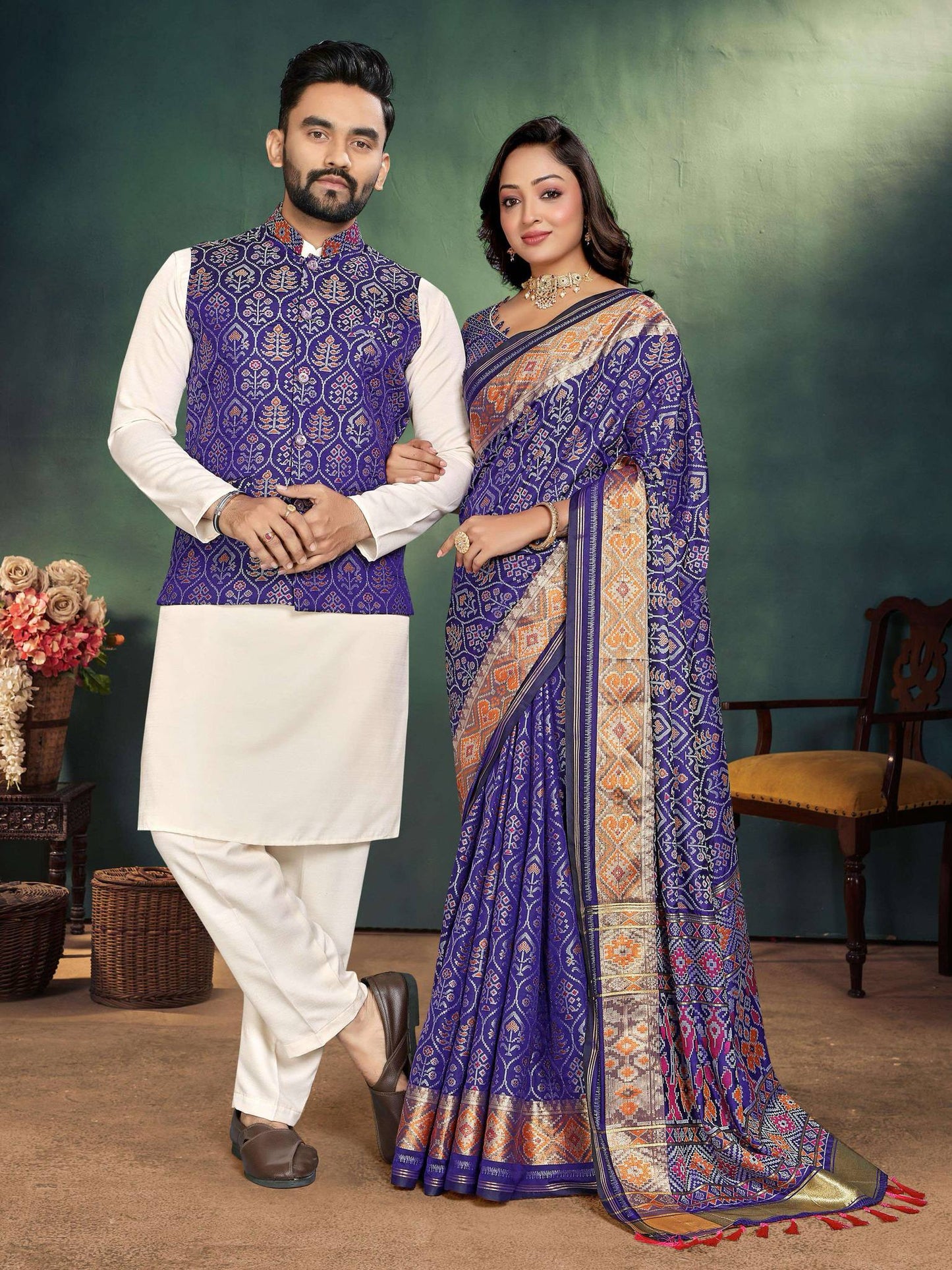 Mens Kurti Set with Dhoti & Ladies Saree - COMBO