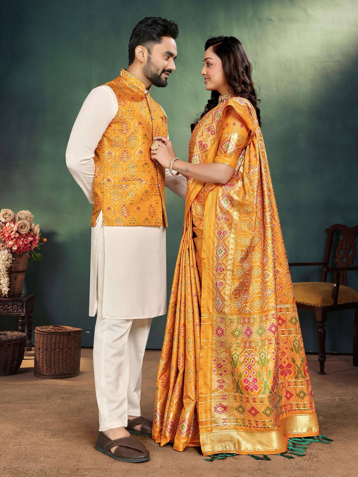 Mens Kurti Set with Dhoti & Ladies Saree - COMBO